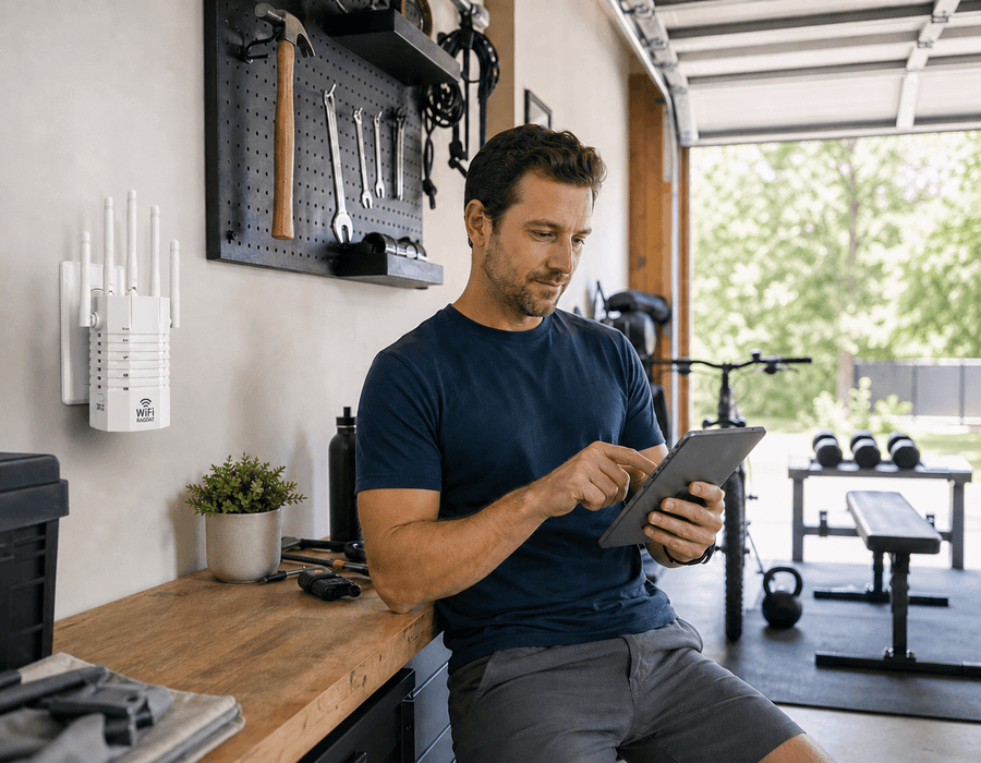 Man working on a laptop at a home office desk with RAGOAT WiFi