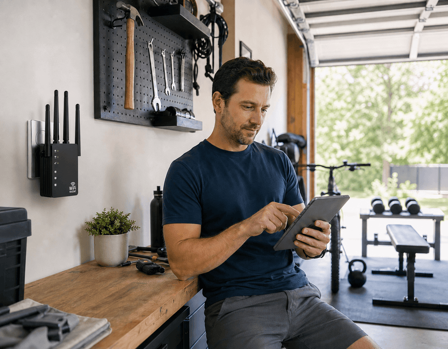 Man working on a laptop at a home office desk with RAGOAT WiFi