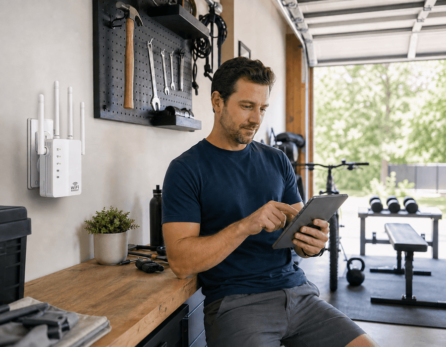 Man working on a laptop at a home office desk with RAGOAT WiFi