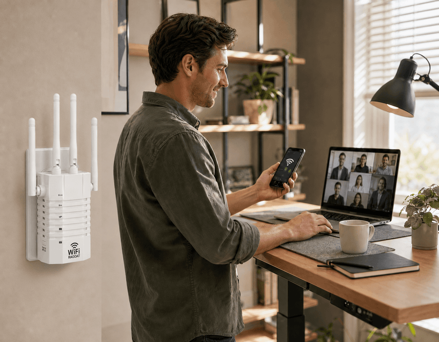 Man using a laptop at a kitchen counter in a home with RAGOAT WiFi