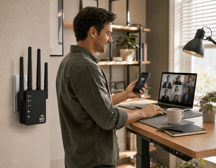Man using a laptop at a kitchen counter in a home with RAGOAT WiFi