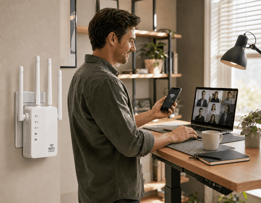 Man using a laptop at a kitchen counter in a home with RAGOAT WiFi