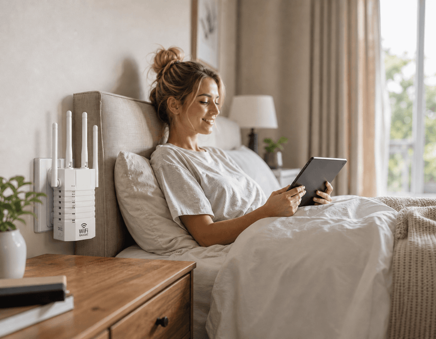 Woman using a laptop on a sofa in a home with RAGOAT WiFi