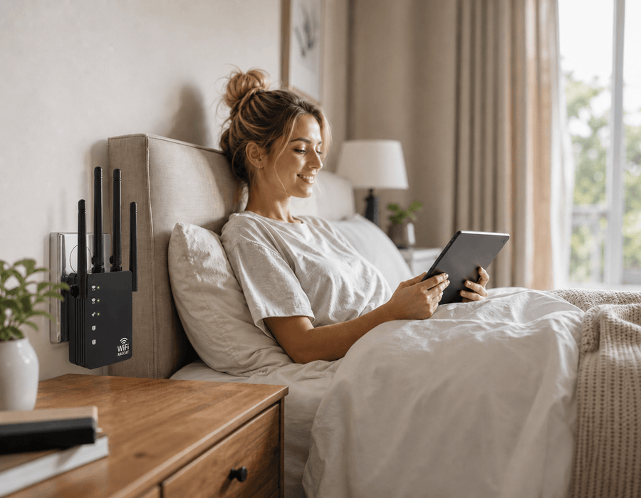 Woman using a laptop on a sofa in a home with RAGOAT WiFi