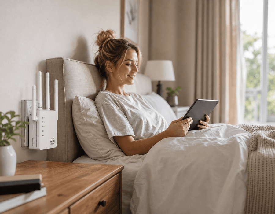 Woman using a laptop on a sofa in a home with RAGOAT WiFi