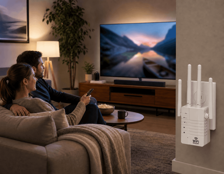 People watching a smart TV in a living room with RAGOAT WiFi