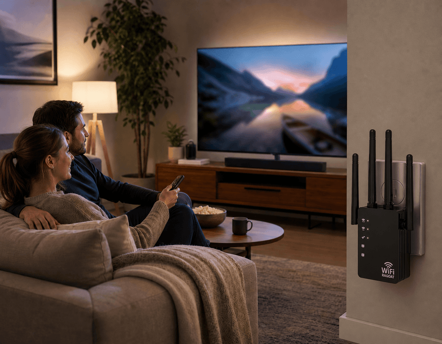 People watching a smart TV in a living room with RAGOAT WiFi