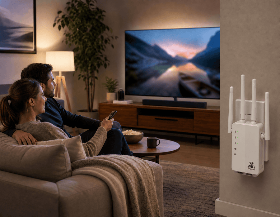 People watching a smart TV in a living room with RAGOAT WiFi