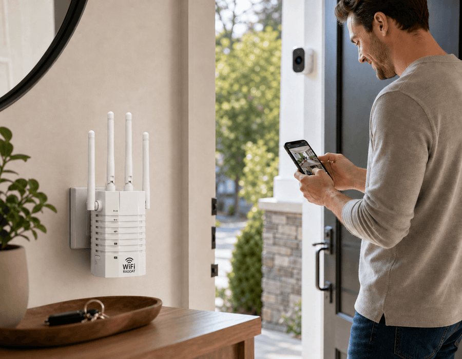Man installing a RAGOAT WiFi extender near a wall outlet at home