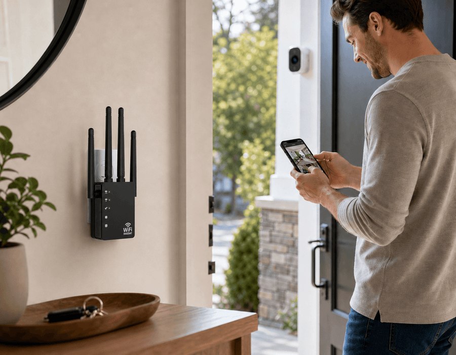 Man installing a RAGOAT WiFi extender near a wall outlet at home