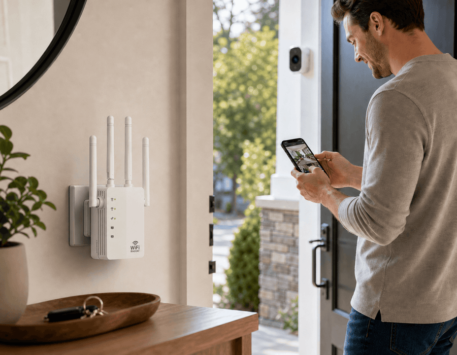 Man installing a RAGOAT WiFi extender near a wall outlet at home